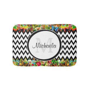 Mod Black Chevron  Floral Monogram en naam Badmat
