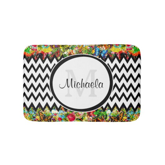 Mod Black Chevron  Floral Monogram en naam Badmat (Voorkant)