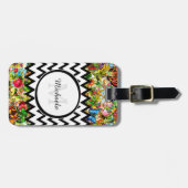 Mod Black Chevron  Floral Monogram en naam Bagagelabel (Voorkant horizontaal)
