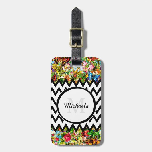 Mod Black Chevron  Floral Monogram en naam Bagagelabel (Voorkant verticaal)