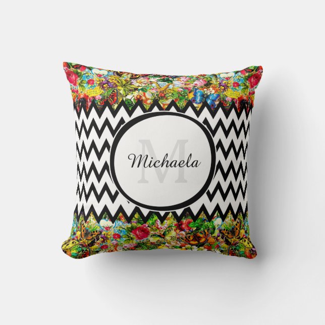 Mod Black Chevron  Floral Monogram en naam Kussen (Voorkant)