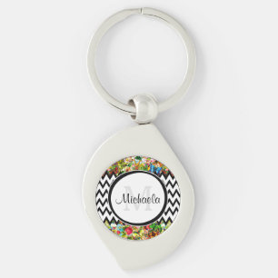 Mod Black Chevron Floral Monogram en naam Sleutelhanger