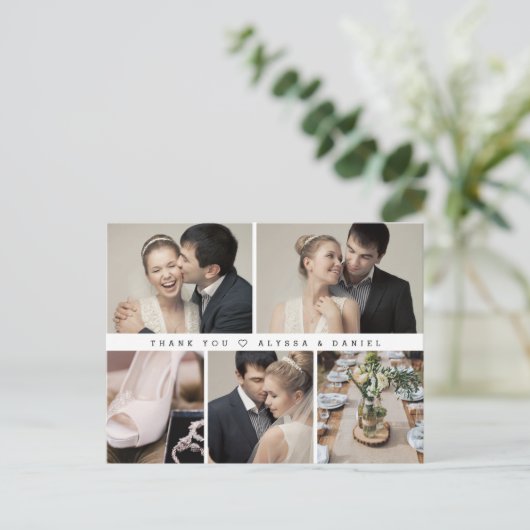 Mod Black White Wedding Photo Grid Heart Dank u Briefkaart (Staand voorkant)