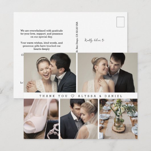 Mod Black White Wedding Photo Grid Heart Dank u Briefkaart (Voorkant / Achterkant)