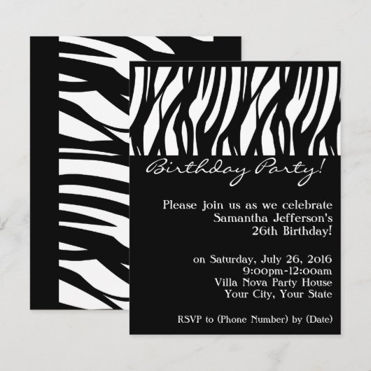 Mod Black Zebra Birthday Party Invitations Kaart (Voorkant / Achterkant)