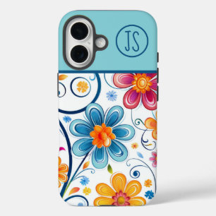 Mod Blauw, Roze, Gele Bloemen Monogrammed iPhone 16 Hoesje