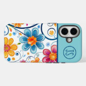 Mod Blauw, Roze, Gele Bloemen Monogrammed Case-Mate iPhone Case (Achterkant (horizontaal))
