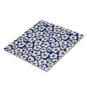 Mod Blauwe En Witte Wilde Bloemen  Tegeltje