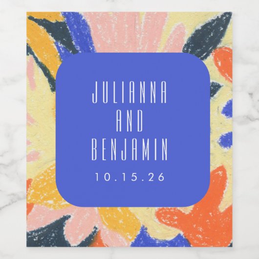 Mod Blue Artsy Abstract Botanical Weddenschap Cust Wijn Etiket (Enkel label)