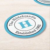 Mod Blue Black en White Custom Monogram Family Ronde Kartonnen Onderzetter (Gebogen)