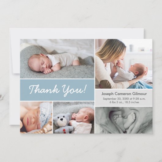 Mod blue Custom Photo Collage Baby Boy Birth Bedankkaart (Voorkant)