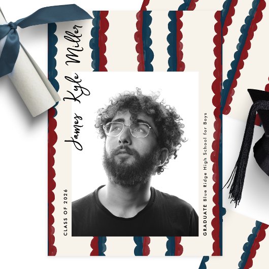 Mod Blue Deep Red Photo Class of 2026 Graduation Aankondiging