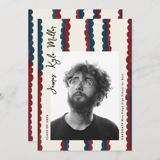 Mod Blue Deep Red Photo Class of 2026 Graduation Aankondiging (Voorkant / Achterkant)