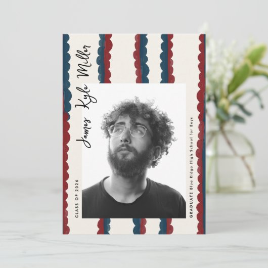 Mod Blue Deep Red Photo Class of 2026 Graduation Aankondiging (Staand voorkant)