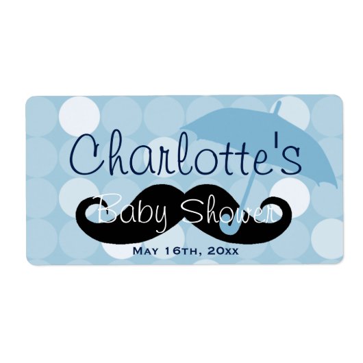 Mod Blue Dot Mustache Baby shower Waterfles Etiket (Voorkant)