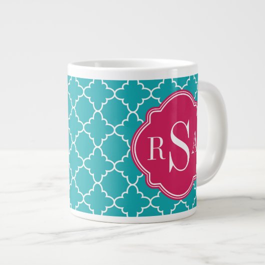 Mod Bright Blue Trellis Pink Monogram Grote Koffiekop (Voorkant rechts)