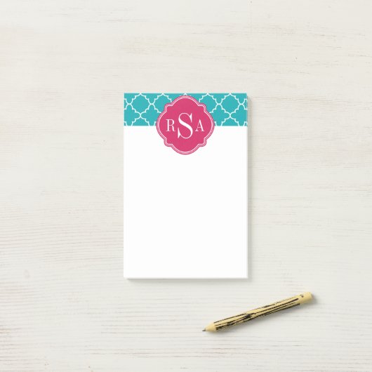 Mod Bright Blue Trellis Pink Monogram Post-it® Notes (Op bureau)