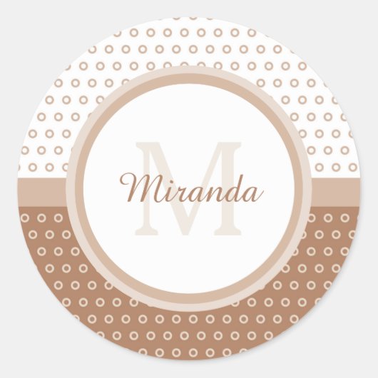 Mod bruin en witte poka dots monogram met naam ronde sticker (Voorkant)