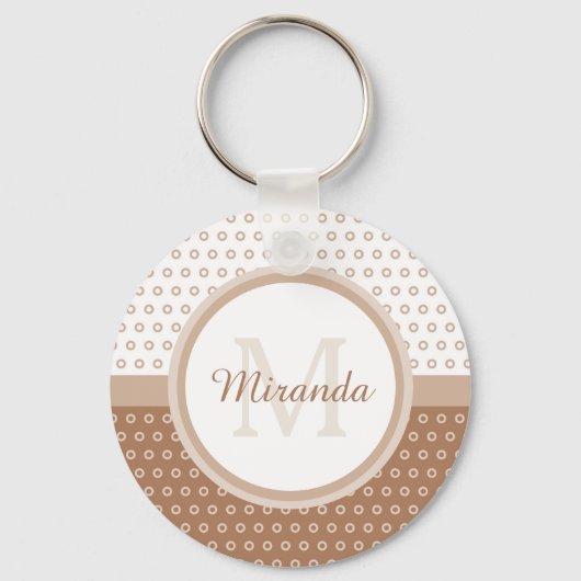 Mod bruin en witte poka dots monogram met naam sleutelhanger (Voorkant)