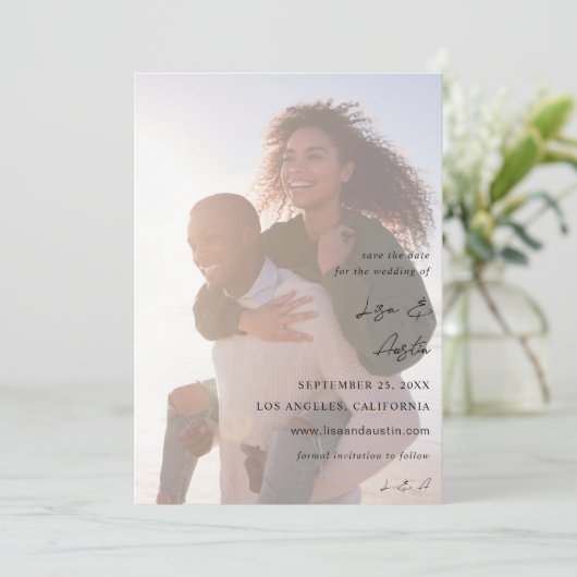 MOD Calligrafie met Duo Photo Save the Date Kaart (Staand voorkant)