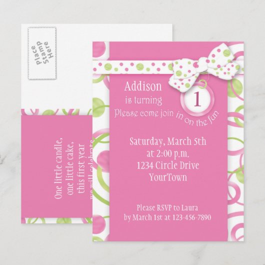 Mod Circles Girl's 1st Birthday Briefkaart Invitat (Voorkant / Achterkant)