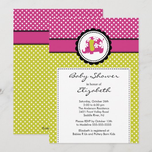 Mod Elephant Baby shower Invitation Pink Polka Dot Kaart (Voorkant / Achterkant)