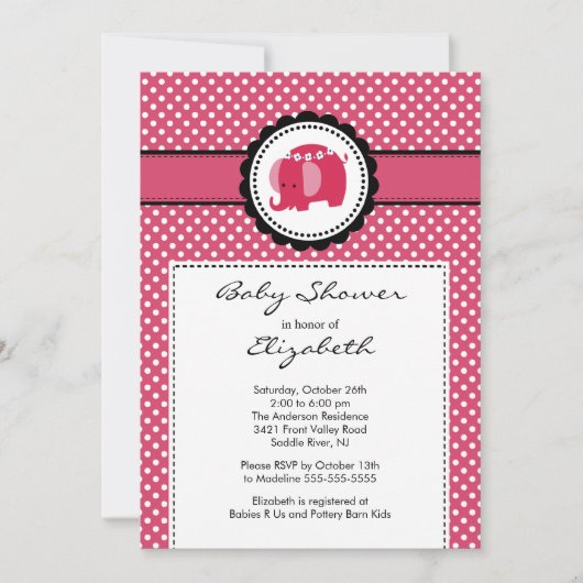 Mod Elephant Baby shower Invitation Pink Polka Dot Kaart (Voorkant)