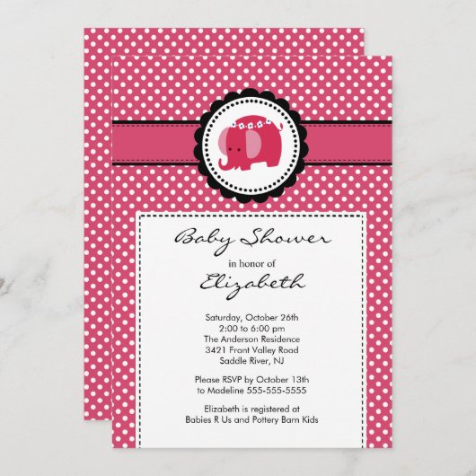 Mod Elephant Baby shower Invitation Pink Polka Dot Kaart (Voorkant / Achterkant)