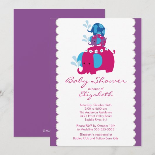 Mod Elephant Baby shower Invitation Twins & Mam Kaart (Voorkant / Achterkant)