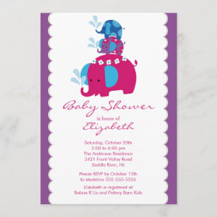Mod Elephant Baby shower Invitation Twins & Mam Kaart