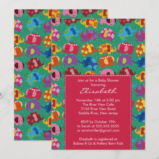 Mod Elephant Baby shower Uitnodiging Roze (Voorkant / Achterkant)