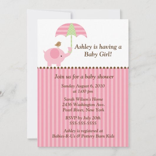 Mod Elephant Umbrella Baby Girl Shower Kaart (Voorkant)