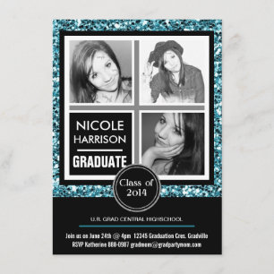 Mod Faux Aqua Blue Glitter Girl 3 Foto Afstuderen Kaart