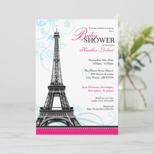 Mod Flourish Eiffel Tower Parisian Baby shower Kaart (Staand voorkant)