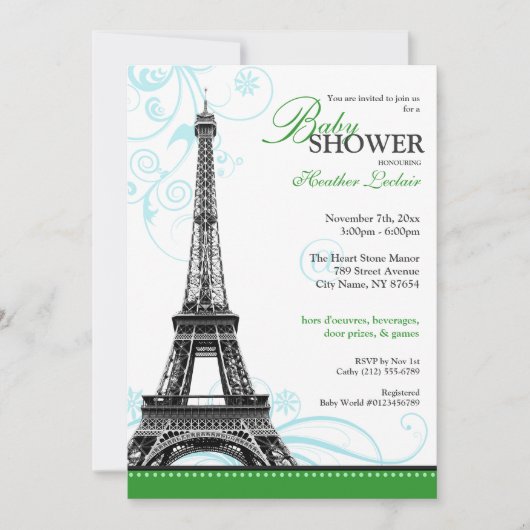 Mod Flourish Eiffel Tower Parisian Baby shower Kaart (Voorkant)