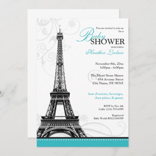 Mod Flourish Eiffel Tower Parisian Baby shower Kaart (Voorkant / Achterkant)