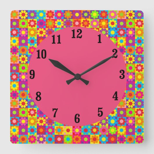 Mod Flower Power Vierkante Klok (Voorkant)