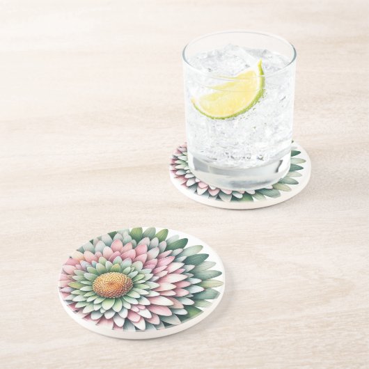 Mod Flower – Roze, Sage & Geel gedeeltelijk Zandsteen Onderzetter (Zijkant)