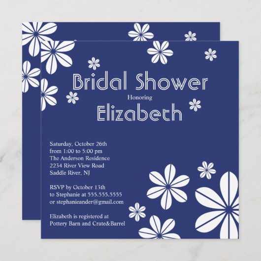 Mod Flowers Bridal Shower Invitation Navy Blue Kaart (Voorkant / Achterkant)
