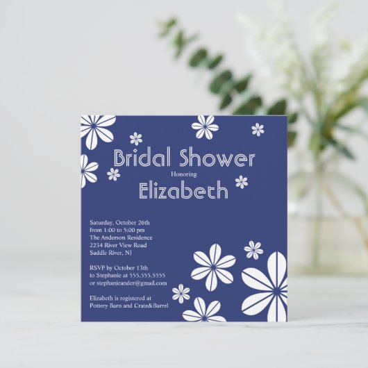 Mod Flowers Bridal Shower Invitation Navy Blue Kaart (Staand voorkant)