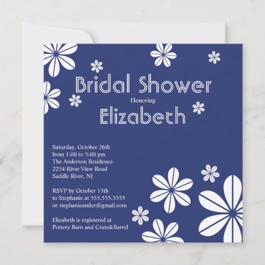 Mod Flowers Bridal Shower Invitation Navy Blue Kaart (Voorkant)