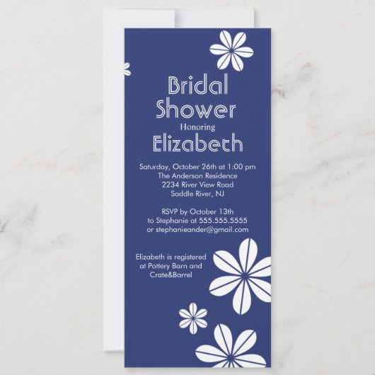 Mod Flowers Bridal Shower Invitation Navy Blue Kaart (Voorkant)