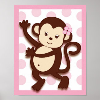 Mod Girl Monkey Dots Nursery Muur Kunstprint Poster