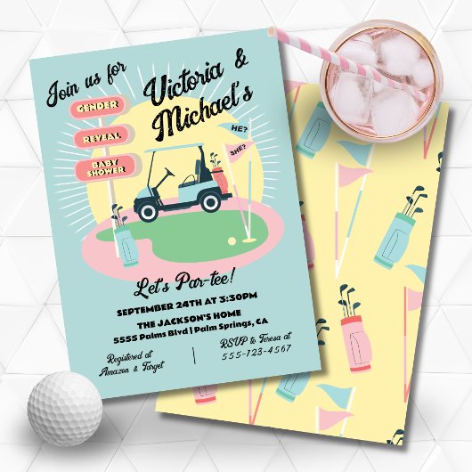 Mod Golfing Mid-Century Baby shower Reveal Sign Kaart