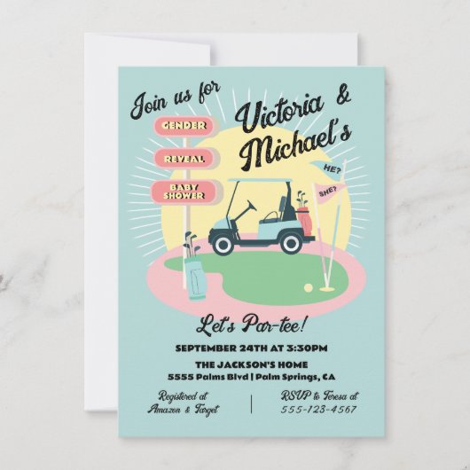 Mod Golfing Mid-Century Baby shower Reveal Sign Kaart (Voorkant)