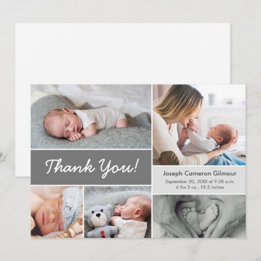 Mod Gray Aangepast Foto Collage Baby Boy Birth Bedankkaart (Voorkant / Achterkant)