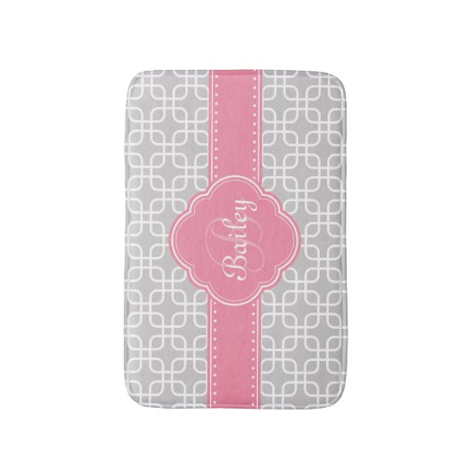 Mod Gray Pattern Roze Quatrefoil Monogram Badmat (Voorkant Verticaal)