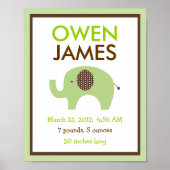 Mod Green Elephant Nursery Wall Art Birth Print (Voorkant)