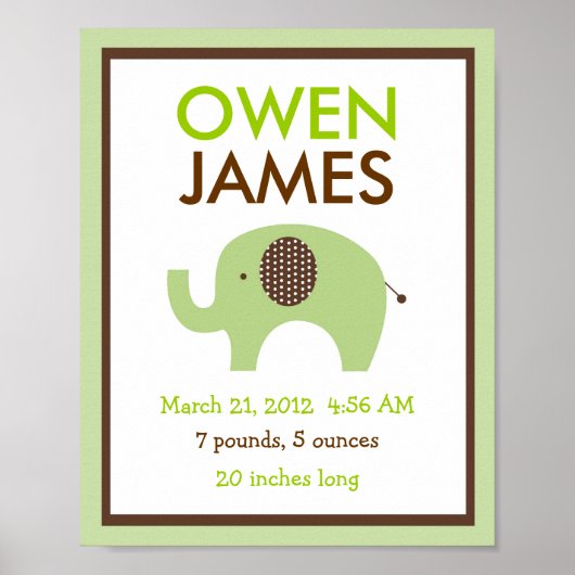 Mod Green Elephant Nursery Wall Art Birth Print (Voorkant)