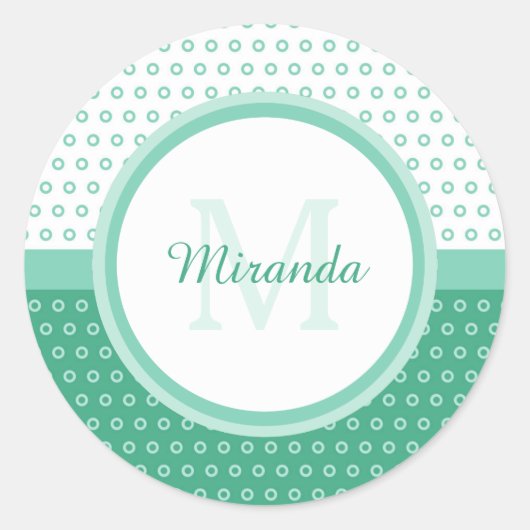 Mod Green en White Polka Dots Monogram met naam Ronde Sticker (Voorkant)